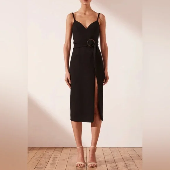 Shona Joy Andrea Fitted Cocktail Dress Black Belt Waist Midi Slit Size S 8 - Picture 1 of 11